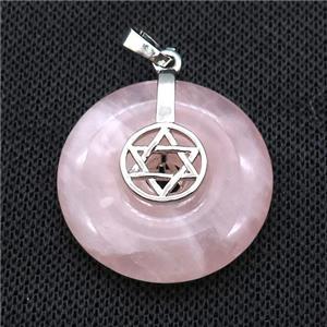 Natural Pink Rose Quartz Donut Pendant With Alloy David Star, approx 30mm