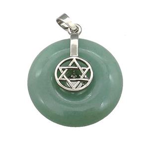 Natural Green Aventurine Donut Pendant With Alloy David Star, approx 30mm