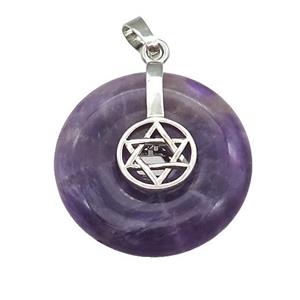 Natural Purple Amethyst Donut Pendant With Alloy David Star, approx 30mm