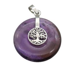 Natural Purple Amethyst Donut Pendant With Alloy Tree Of Life, approx 30mm