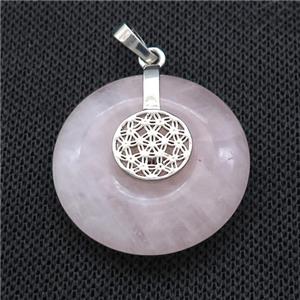Natural Pink Rose Quartz Donut Pendant With Alloy Flower Of Life, approx 30mm
