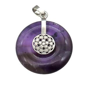 Natural Purple Amethyst Donut Pendant With Alloy Flower Of Life, approx 30mm
