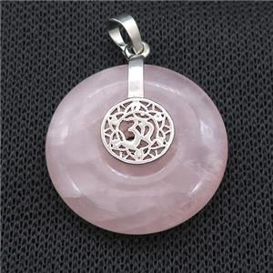 Natural Pink Rose Quartz Donut Pendant With Alloy Chakra OM Symbol, approx 30mm