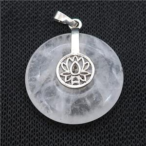 Natural Clear Quartz Donut Pendant With Alloy Buddhist Lotus, approx 30mm