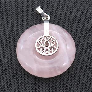 Natural Pink Rose Quartz Donut Pendant With Alloy Buddhist Lotus, approx 30mm