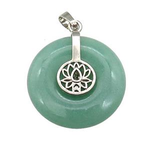 Natural Green Aventurine Donut Pendant With Alloy Buddhist Lotus, approx 30mm