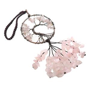Tree Of Life Pendant Tassel With Rose Quartz Copper Wire Wrapped Antique Red, approx 50mm, 110mm length