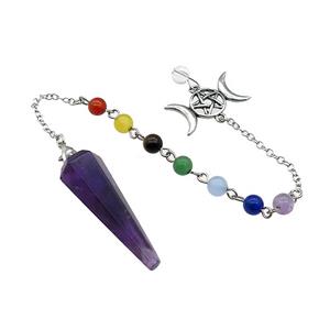 Purple Amethyst Pendulum Pendant With Gemstone Chakra Chain Alloy Star Moon Platinum Plated, approx 13-42mm, 6mm, 18cm length