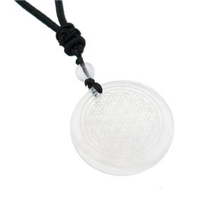 Clear Quartz Circle Necklace Flower Of Life Black Nylon Rope Cord, approx 30mm