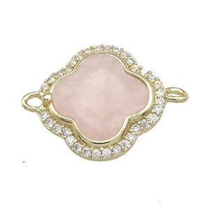 Pink Rose Quartz Clover Connector Pave Zircon Gold Plated, approx 17mm