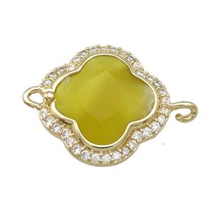 Lemon Jade Clover Connector Pave Zircon Olive Gold Plated, approx 17mm