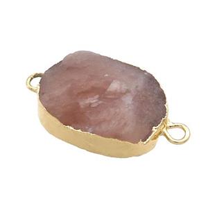 Pink Strawberry Quartz Oval Connector Rough Gold Plated, approx 20-35mm