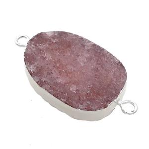 Pink Strawberry Quartz Oval Connector Flat Silver Plated, approx 20-35mm