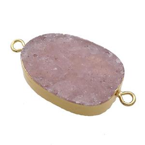 Pink Strawberry Quartz Oval Connector Flat Gold Plated, approx 20-35mm