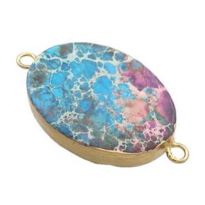 Blue Imperial Jasper Oval Connector Flat Gold Plated, approx 20-35mm