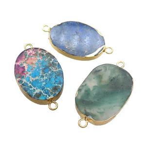 Mixed Gemstone Oval Connector Flat Gold Plated, approx 20-35mm