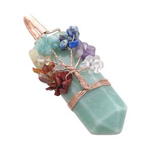 Green Aventurine Bullet Pendant With Chakra Gemstone Chips Tree Of Life Wire Wrapped Rose Gold, approx 20-75mm