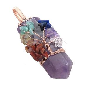 Natural Purple Amethyst Bullet Pendant With Chakra Gemstone Chips Tree Of Life Wire Wrapped Rose Gol, approx 20-75mm