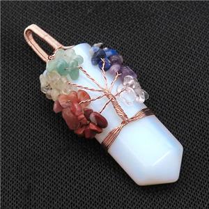 White Opalite Bullet Pendant With Chakra Gemstone Chips Tree Of Life Wire Wrapped Rose Gold, approx 20-75mm