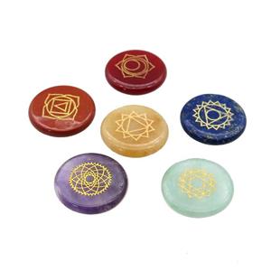 Natural Gemstone Coin Beads Undrilled Yoga Chakra Element Symbols Mixed, approx 25mm, 7pcs per sets