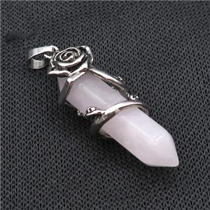 Natural Pink Rose Quartz Prism Pendant Cone Alloy Flower Wrapped, approx 10-40mm