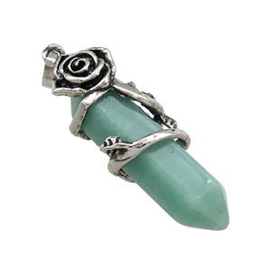 Natural Green Aventurine Prism Pendant Alloy Flower Wrapped, approx 10-40mm