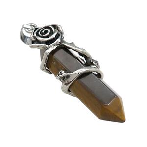 Natural Tiger Eye Stone Prism Pendant Alloy Flower Wrapped, approx 10-40mm