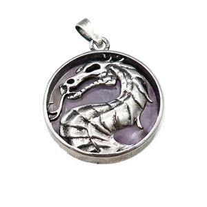 Alloy Zinc Dragon Pendant With Purple Amethyst Antique Silver, approx 28mm