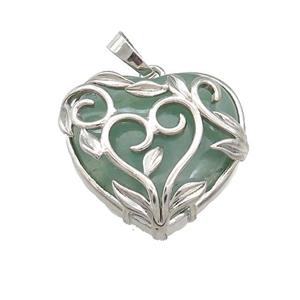 Natural Green Aventurine Heart Pendant Alloy Flower Wrapped Platinum Plated, approx 27mm