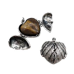 Zinc Alloy Heart Wish Box Locket With Tiger Eye Stone Antique Silver, approx 26mm