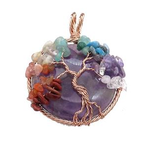 Natural Purple Amethyst Coin Pendant With Chakra Gemstone Tree Of Life Wire Wrapped Rose Gold, approx 45mm