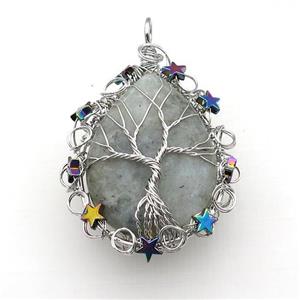 Natural Labradorite Teardrop Pendant With Tree Of Life Wire Wrapped Platinum Plated, approx 40-50mm