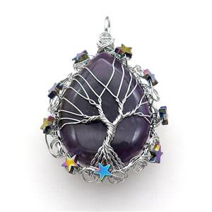 Natural Amethyst Teardrop Pendant With Tree Of Life Wire Wrapped Platinum Plated, approx 40-50mm