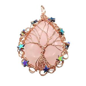 Natural Pink Rose Quartz Teardrop Pendant With Tree Of Life Wire Wrapped Rose Gold, approx 40-50mm