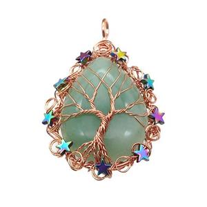 Natural Green Aventurine Teardrop Pendant With Tree Of Life Wire Wrapped Rose Gold, approx 40-50mm