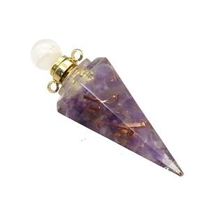 Natural Purple Amethyst Chips Perfume Bottle Pendant Resin Cone Gold Plated, approx 17-50mm