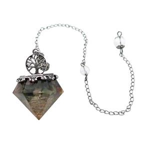 Multicolor Tourmaline Chip Dowsing Diamond Shape Pendulum Pendant Tree Of Life Copper Chain Platinum, approx 30mm, 20cm length