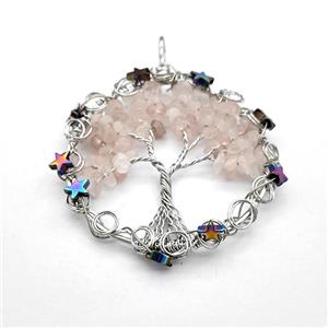 Pink Rose Quartz Chips Pendant Tree Of Life Copper Wire Wrapped Platinum Plated, approx 50mm