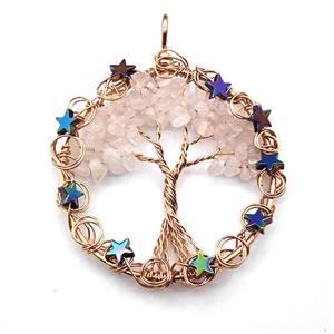 Pink Rose Quartz Chips Pendant Tree Of Life Copper Wire Wrapped Rose Gold, approx 50mm