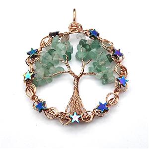 Green Aventurine Chips Pendant Tree Of Life Copper Wire Wrapped Rose Gold, approx 50mm