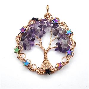 Purple Amethyst Chips Pendant Tree Of Life Copper Wire Wrapped Rose Gold, approx 50mm