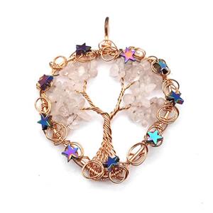 Pink Rose Quartz Chips Pendant Tree Of Life Copper Wire Wrapped Rose Gold, approx 50mm