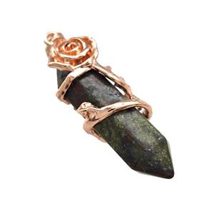 Green Bloodstone Prism Pendant Cone Alloy Flower Wrapped Rose Gold, approx 10-40mm