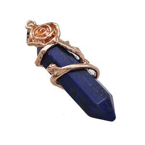 Natural Blue Lapis Lazuli Prism Pendant Cone Alloy Flower Wrapped Rose Gold, approx 10-40mm