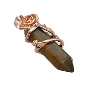 Natural Tiger Eye Stone Prism Pendant Cone Alloy Flower Wrapped Rose Gold, approx 10-40mm