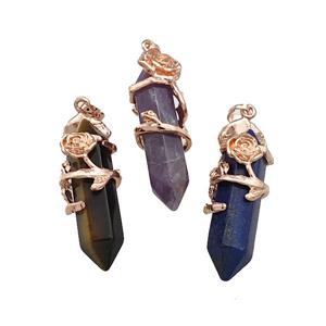 Natural Gemstone Prism Pendant Cone Alloy Flower Wrapped Rose Gold Mixed, approx 10-40mm