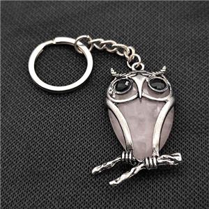 Owl Charms Keychain With Rose Quartz Alloy Platinum Plated, approx 26-40mm, 25mm