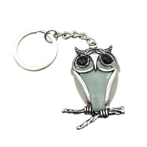 Owl Charms Keychain With Green Aventurine Alloy Platinum Plated, approx 26-40mm, 25mm