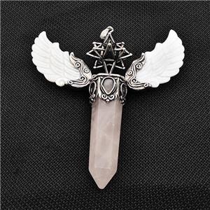 White Shell Angel Wings Pendant With Rose Quartz Prism Antique Silver, approx 14-55mm, 80mm