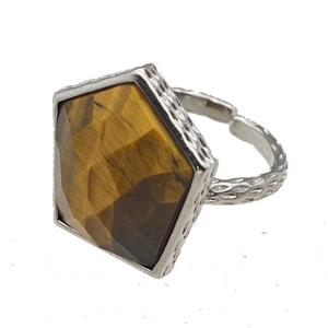 Tiger Eye Stone Pentagon Rings Copper Shield Adjustable Platinum Plated, approx 18-20mm, 18mm dia